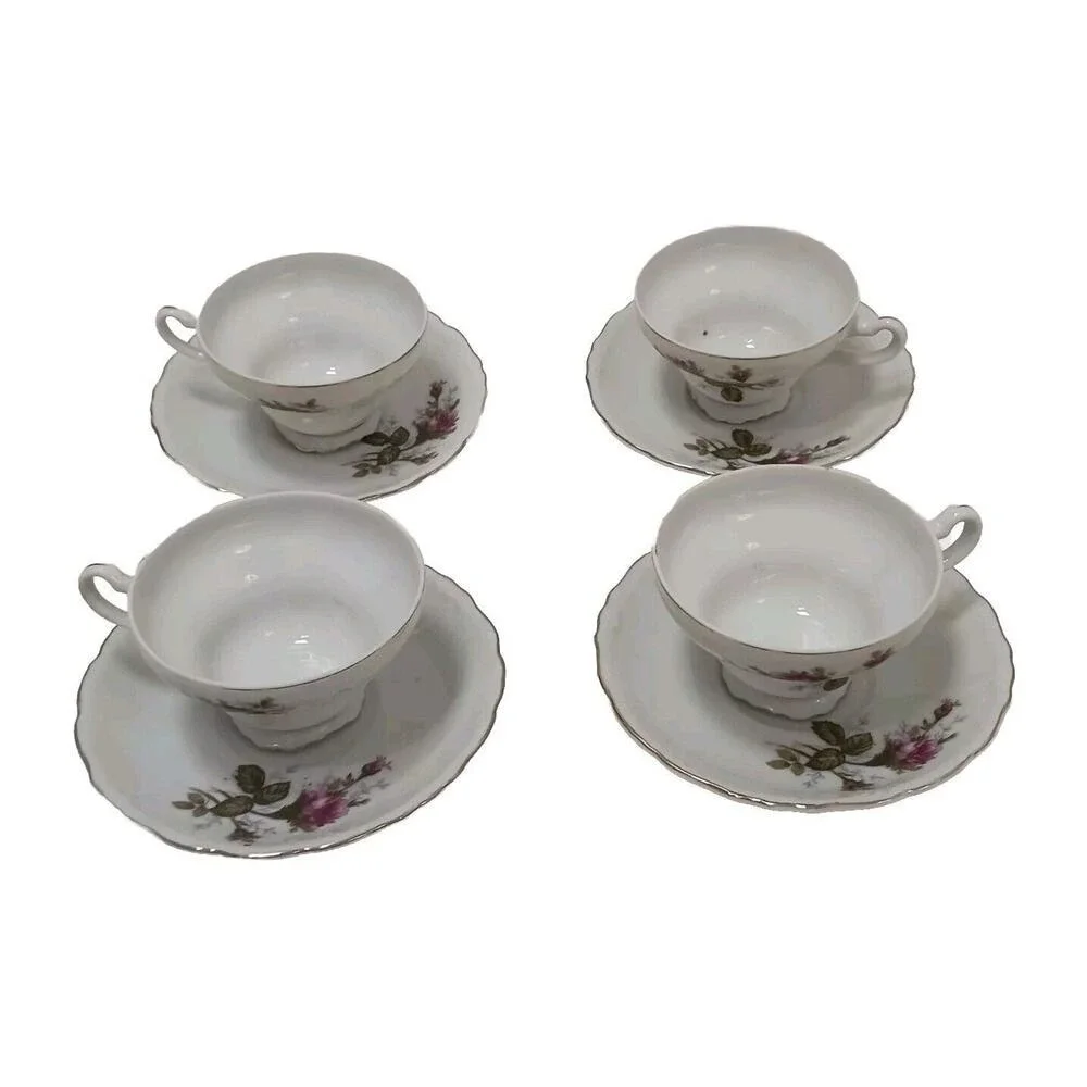 Japan Moss Rose 4 Tea Cup SET with Saucers Made In Handpainted Porcelain VINTAGE